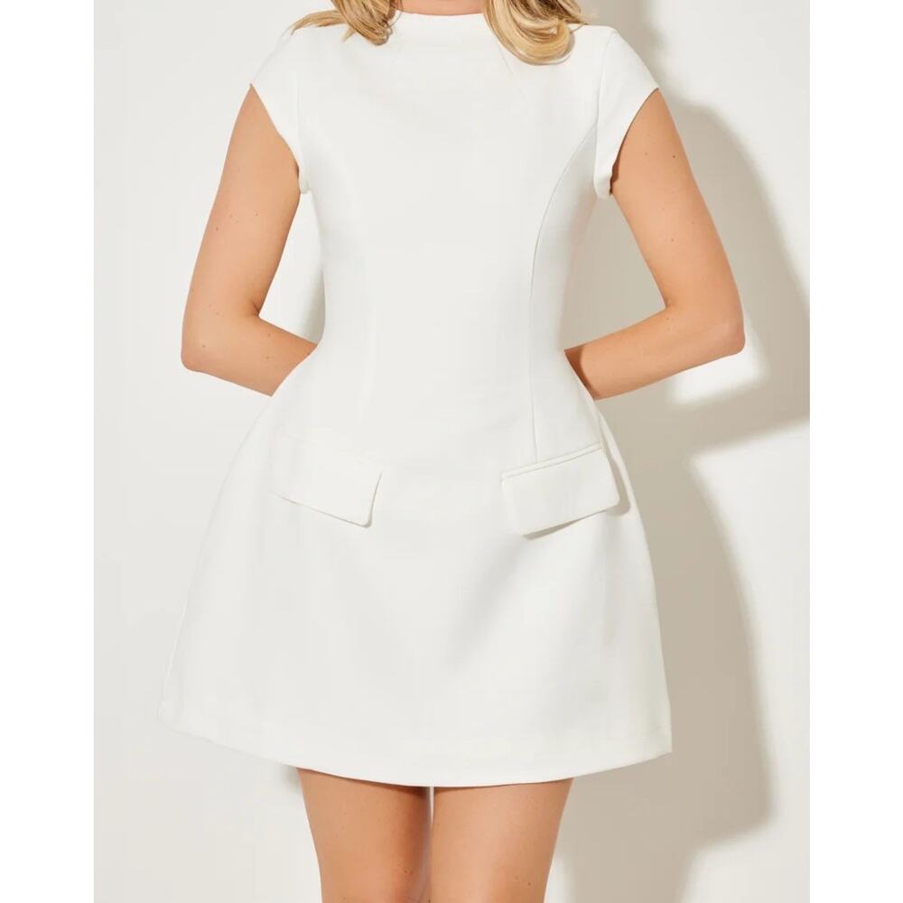 Odd Muse Cap Sleeve Mini Dress White High Neck Fitted XS NWT